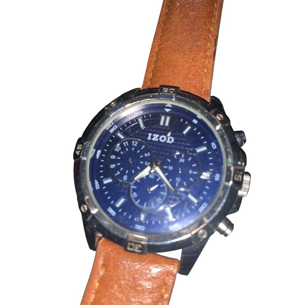 IZOD Mens Watch Blue Dial Tan Leather Strap Silver Case